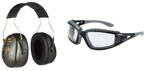 3M Peltor Optime II Comfort Earmuffs H520AC1, Ear Defenders Adults & Bolle TRACPSI Tracker Glasses Nylon Frame Anti-Scratch and Fog Lens, Clear/Black