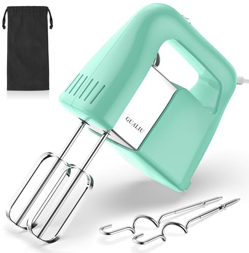 GUALIU 450W Electric Hand Mixer, 5-Speed Handheld Mixer Large Food Mixer with 304 Stainless Steel Whisk Beaters, Dough Hooks & Storage Bag, Kitchen Blender for Baking & Cooking, Turbo Boost/Aqua Sky