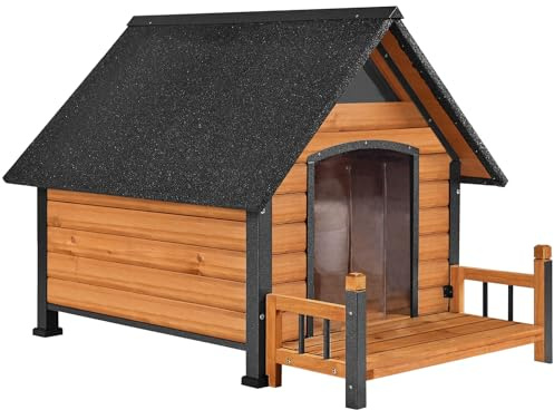 Hundehaus mit Anti-Bite Metall Eisenrahmen Outdoor Holz Hundehütte Indoor Welpenunterkunft für kleine mittlere große Hunde wetterfest(Braun)