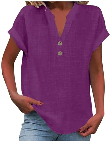 Yolimok Womens Tops Cotton Linen Shirts Summer V Neck Button Up Short Sleeve Ladies Blouse T-Shirts Solid Color Work Casual Oversized Loose Blouses Daily Women Top Cloth Sale UK Plus Size 14 16 18 22