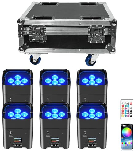 PUZILOZA 6er 108 W Akku LED Par Strahler mit wiederaufladbarer Flightcase, RGBWA+UV 16,77 Millionen Farben Batterie Bühnenlicht Uplight mit Fernbedienung/DMX/APP Discolicht für DJ Hochzeit Weihnachten
