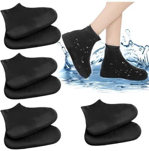 4Pairs Black Waterproof Shoe Covers Reusable Waterproof Shoe Cover Non Slip Boot Covers Thickened Waterproof Overshoes, Shoe Protector Covers Rubber Rain Boot Overshoes for Outdoor Cycling Hikin