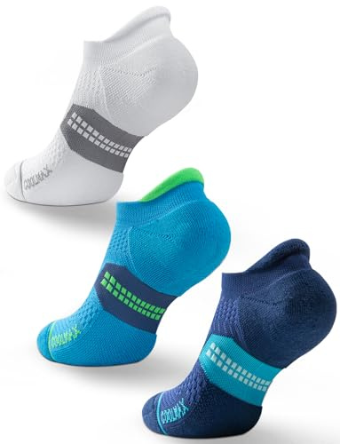 Juclise Mens Bamboo Running Socks Ankle Compression Sports Anti-Blister Breathable Wicking Walking Cushioned Coolmax（5，8，Glacier White+cobalt Blue+azure Blue）