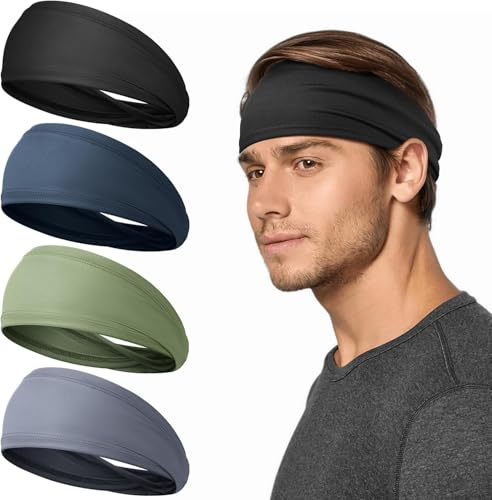 Tumurup Mens Headband 4-Pack, Sweatband Absorbing Sports Headbands for Men, NonSlip Breathable Hair Bands for Gym, Running, Basketball & Workouts, Moisture Wicking Quick-Dry