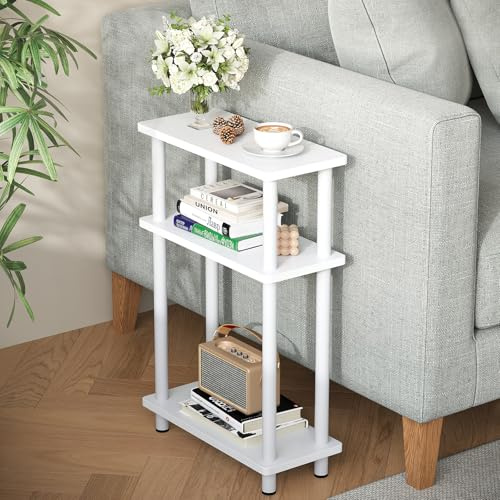 APICIZON Mesa Auxiliar de 3 Niveles, Mesa Auxiliar Sofa Estrecha, Mesita Auxiliar Salon de Estar con Almacenamiento, Ideal para Sala de Estar, balcón, Dormitorio y Estudio, Blanco