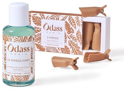 Odass Paris - Duo Dissolvant Doux Sans Acétone et Pinces de Retrait - Kit Complet pour Dépose Facile du Vernis Semi-Permanent - Dissolvant à l'Huile d'Amande Douce 100 ml - Fabriqué en France