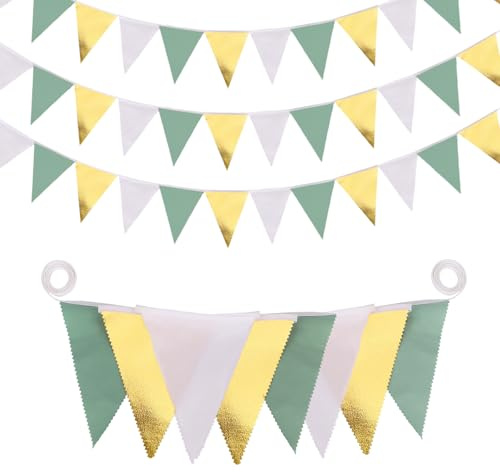 32Ft Sage Green Gold White Bunting Banner Party Decorations, Fabric Triangle Flag Pennant Streamer for Baby Shower Wedding Birthday Jungle Outdoor Hanging Bunting Decor