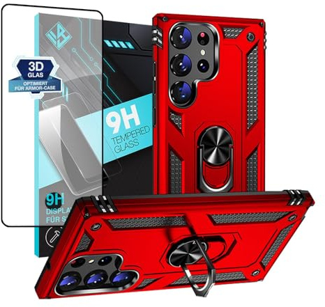 LBH Outdoor Hülle für Samsung Galaxy S23 Ultra mit Displayglas Armor Militär Stoßfest Handyhülle 360 Grad Metal Ring Halter Ständer Schutzhülle für Handyhalterung Auto Magnet Rot