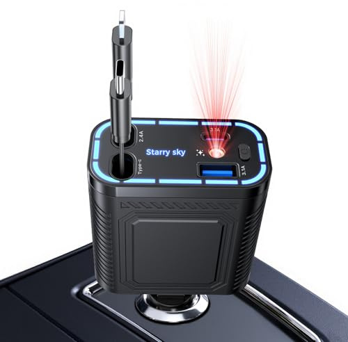 4 in 1 Auto Ladegerät Zigarettenanzünder USB C, 66W Handy Ladekabel Auto Adapter Zigarettenanzünder, Mit Auto Sternenhimmel Schnelles KFZ Ladegerät USB C für iPhone/Galaxy S25 Ultra(Typ-C+Lighting)