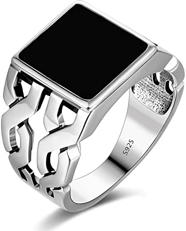 HORHEAR Silberring für Männer im Vintage-Stil Mit Quadratischem Schwarzem Onyx-Stein 925 Thai-Sterlingsilber Durchbrochener Ring (US13)