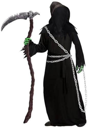 Costume di Halloween da uomo - Set di 6 costumi da spaventoso Mietitore della morte per adulti con maschera, falce (123 cm) e catena metallica,costumi horror da fantasma,Mietitore carnevale e cosplay