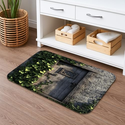 Tapete de baño rústico con diseño de hiedra de puerta de secado rápido, diseño floral vintage de hojas verdes, absorbente, antideslizante, acogedora, de espuma viscoelástica, lavable, para baño, baño