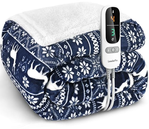 Festival Electric Blanket Double,1.6*1.8M Heating Blanket, Flannel&Fleece Heated Throw Blanket, PTC+NTC Technology, 9h Timer, 6 Temperature Adjustable, Overheat Protection,Washable, Dark Blue