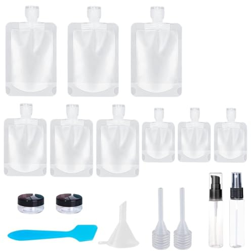KEWUF 17 Pcs Flacon Voyage, Kit Voyage Accessoires 30/50/100 ML, Autorisé en Cabine Avion, Produits de Toilette, Petits Pots de Crème, Flacons Pulvérisateurs Vides Transparents, Entonnoir