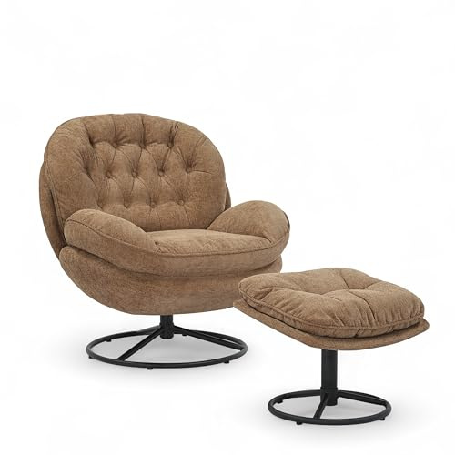 AZURA Plush Woven Fabric Swivel Cuddle Chair & Footstool Set – Elegant Buttoned Brown Swivel Armchair with 360° Rotation & Metal Base, Reading Nursing & Accent Chair for Living Room, Bedroom,Office