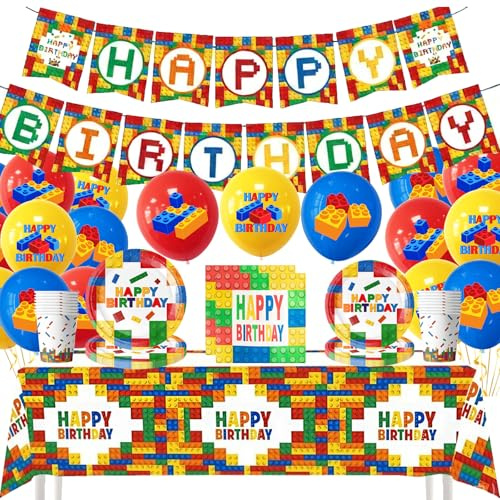 AUNGKWANG 82 Pezzi Blocchi di Costruzione Stoviglie di Compleanno Set, Building Block Decorazione Set, Piatti, Tazze di Carta, Tovagliolo, Festone, Palloncini, Tovaglia, 10 Persone