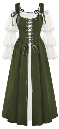 Scarlet Darkness Women's Renaissance Costume Medieval Lace Up Corset Dress Puff Sleeve Peasant Dress Olive Green 16