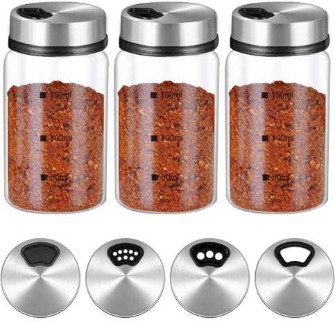 3 Stück Gewürzgläser mit Drehdeckel - 150ml Salzstreuer mit 4 Gewürzlöchern, Streuer Gewürze, Gewürzgläser Glas,Gewürz Gläser, Praktische Salzstreuer Gewürzdosen für Küche, Grillen, BBQ und Kochen