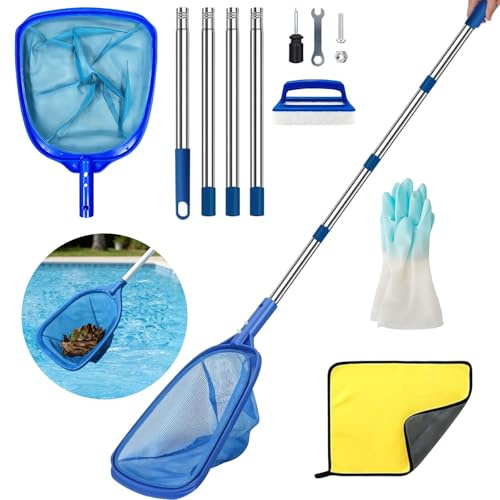 Recogehojas Piscinas 185cm, Limpiafondos Piscina con Varilla Telescópica, Swimming Pool Accessories, Viene con Cepillo Limpieza, Toalla, para Piscinas, Estanques, Parques Acuáticos
