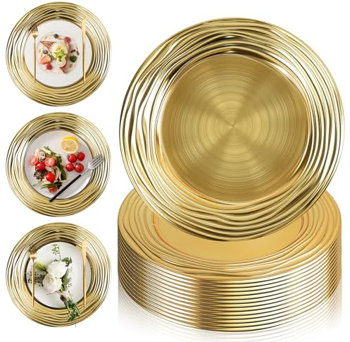 PROY 6 Pcs 13 Inch Charger Plates Bulk,Premium Round Gold Chargers for Dinner Plates, Plastic Dinner Gold Chargers for Table Setting Wedding Party Decoration