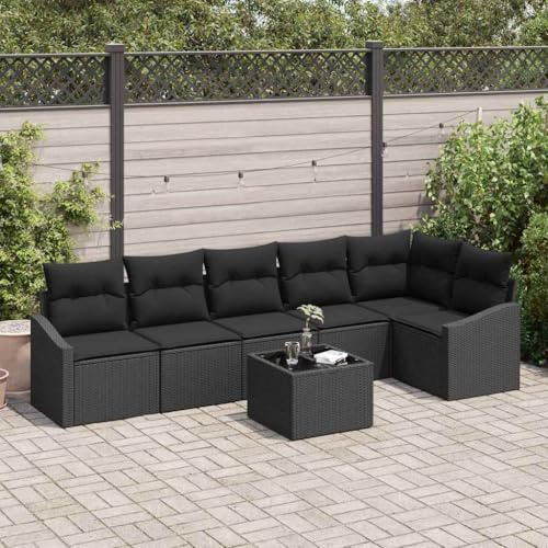 RCODSSK Garten Sofa Set 7-teilig aus Poly Rattan in Schwarz mit Kissen und höhenverstellbarem Tisch für die Terrasse, 7-teiliges Rattan Sofa Set als Gartenmöbel