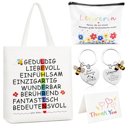 Yuaerbuo Lehrer Geschenk Abschiedsgeschenk Lehrerin Geschenk Baumwollbeutel | 4 Set dankeschön geschenke lehrerin bag, stoffbeutel+Kosmetiktasche + Schlüsselanhänger + Karte Lehrertag Weihnachtsgeschenke