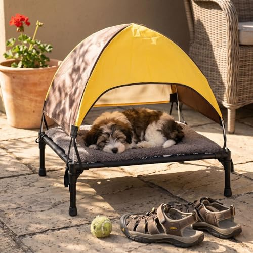 ZVD Hundeliege Outdoor Mit Dach, Erhöhtes Hundebett Outdoor Kühlend, Tragbares Haustierbett Mit Sonnenschutz, Atmungsaktiv Für Camping Strand Garten Für Kleine Bis Mittlere Hunde (a)