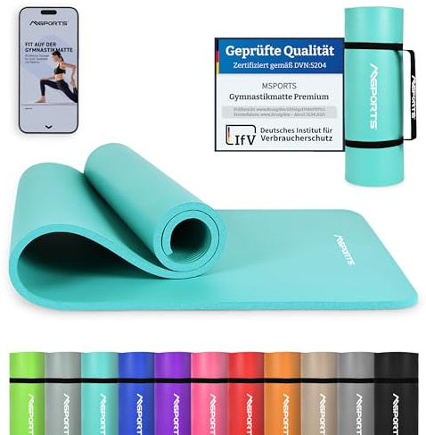 MSPORTS Tappetino da ginnastica Premium con tracolla + poster per esercizi + app per allenamento, tappetino fitness delicato sulla pelle, 190 x 80 x 1,5 cm, acquamarina, tappetino da yoga senza