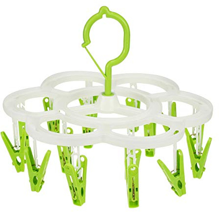 Fanghome Clothespin Rack Laundry Drying Rack,Clothes Hangers with 16 Clips,Clip Hanger Drip Hanger for Drying Underwear,Baby Clothes,Socks,Bras,Towel,Pants,Hat,Scarf,Cloth Diapers,Gloves (Green)