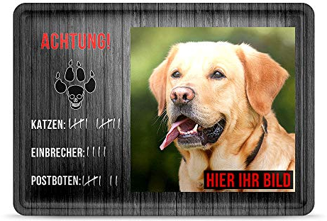 PR Print Royal Blechschild PERSONALISIERT mit EIGENEM Hundefoto und Spruch - Katzen-Einbrecher-Postboten - Geschenkidee für Hundebesitzer/Türschild/Hundeschild - Querformat DIN A6