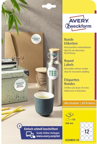 AVERY Zweckform 6226REV-10 Runde Etiketten (120 Klebepunkte, Ø60mm auf A4, runde Aufkleber zum Bedrucken, wieder rückstandsfrei ablösbar/abziehbar, selbstklebende Marmeladenetiketten) 10 Blatt, weiß