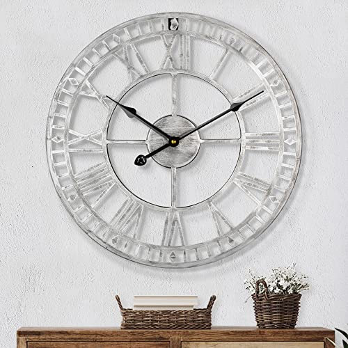 HAITANG Large Metal Iron Retro Wall Clock Silent Non-Ticking Battery Operated Vintage Metal Roman Numerals Round Modern Clocks For Living Room Decor -Silver 40cm