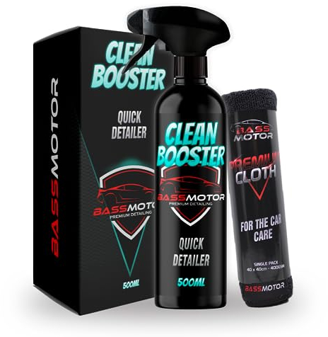 BassMotor Limpiador en seco todo en uno Exterior Coche para Limpieza Sin Agua Exterior de Carrocería Cristales Moto Uso Fácil - Clean Booster 500ml + Bayeta Premium