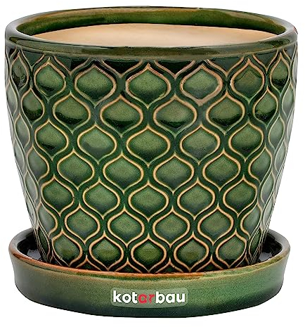 KOTARBAU® Maceta de cerámica esmaltada, Ø 15cm, Tiesto Decorativo para Plantas, Macetero con Plato Redondo para Interiores, Minimalista, Verde, Vintage, Macetas Elegantes, Estilo clásico, Maceteros