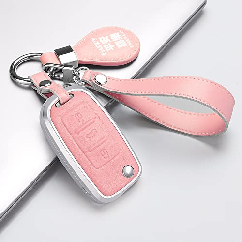ontto Autoschlüssel Hülle Abdeckung Passt für VW Caddy Jetta Golf 4 5 Polo Passat 3BG Tiguan Skoda Fabia Seat Altea Ibiza Fernbedienung Schlüsselanhänger Leder Metall Schutzhülle Schlüsseletui-Rosa