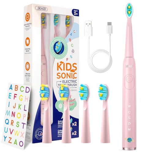 SEAGO Kids Electric Toothbrush, Sonic Soft Bristle Rechargeable Toothbrushes with DIY Stickers, 5 Modes, Includes 4 Replacement Brush Heads, Ages 3 to 12 Years Old (Pink)
