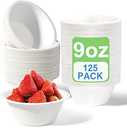 GREENESAGE 125 Pack Paper Bowls Disposable Bowls 9oz - Eco-Friendly, Sugarcane Strong White Bowls 100% Biodegradable and Compostable Soup Bowls for Party BBQ Picnic | Strong & eco-friendly, compostable & biodegradable, for parties BBQs picnics