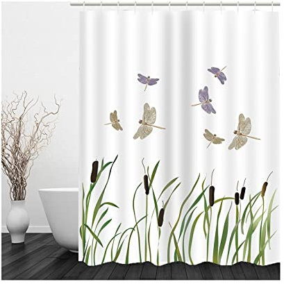 Whoiy Duschvorhang Textil 180X200, Duschrollo Um Die Ecke Polyester Bath Curtains Kleine Graslibelle Weiß Grau für Outdoor Hotel