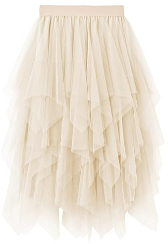 Reaowazo Tulle Skirts for Women Midi Long Fairy Skirt Tutu A-Line Mesh Layered High Elastic Waist Halloween Skirts Beige One Size