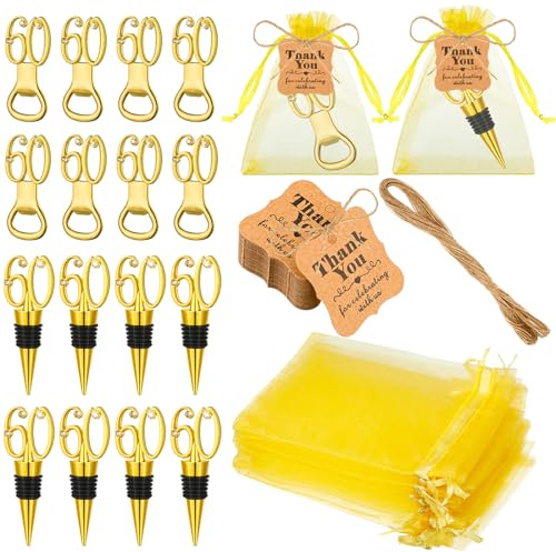 Tioncy Paquete de 24 regalos de fiesta de 60 cumpleaños para invitados, abrebotellas de vino de 60 cumpleaños con etiquetas y bolsas de malla para 60 aniversarios de boda, recuerdos, regalos,