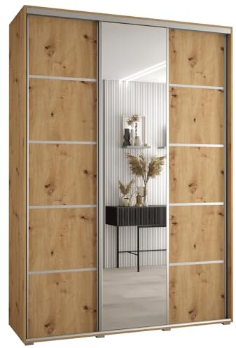 MEBLE KRYSPOL Cannes 5 Moderner Schrank mit 3 Schiebetüren mit Kleiderstange, Regalen und Spiegel - Aufbewahrungsschrank für Schlafzimmer, Wohnzimmer - 205,2x170x45 cm - Artisan Artisan Silber
