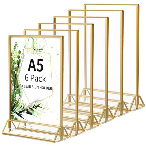 AITEE A5 Gold Sign Holder: 6 Pack Acrylic Clear Menu Table Holders Upright Double Sided Leaflet Display Stand for Wedding Table Numbers, Banquet, Restaurant Signs Display, Photo Frame