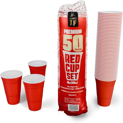 The Party XP Premium 50 Plastic Red Cup Set (16oz) – Reusable American Style Red Party Cups for All Occasions and Business – Red Plastic Cups for BBQs, Weddings, Picnics, and Events