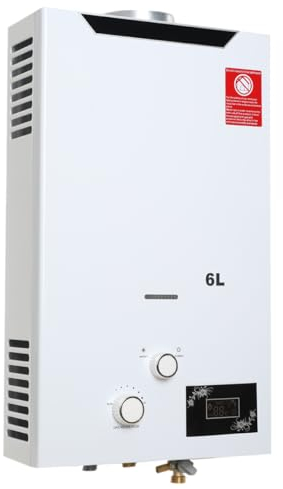 ECUTEE Flüssiggas Durchlauferhitzer 6L 12KW LPG Warmwasserbereiter, Tankless Instant Heißwasserbereiter mit Regenduschkopf und Duschschlauch, für Outdoor Camping Baden und RV-Dusche, Weiß