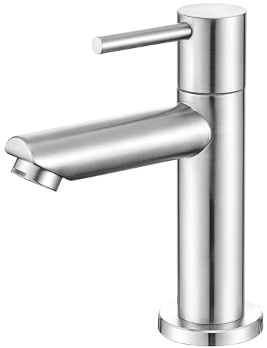 ANYCEE Rubinetto Bagno Lavabo Solo Acqua Fredda con Boquilla Altura 9.34cm, Miscelatore Lavabo Bagno Acqua Fredda con Tubo de Entrada, Rubinetto Singolo Acqua Fredda in Inox