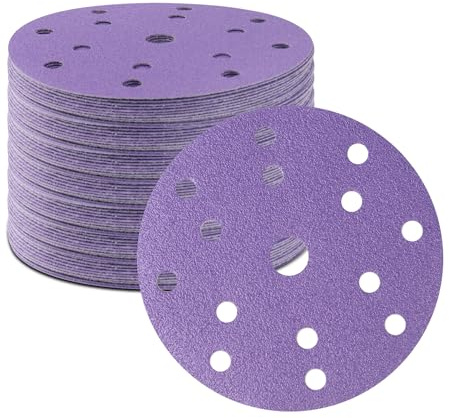 FASTPLUS Disque Poncage 150mm Violet G120, 15 Trous pour Ponceuse Orbitale | 100PCS Céramique Fixation Autoagrippante pour un Changement Rapide, idéale pour le Ponçage du Bois, Métal, Peinture et Carros