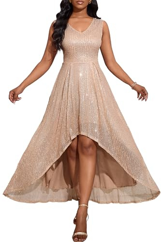 VERWIN Women's Sequins Maxi Dress - V Neck, Sleeveless, Ruffle Hem, Split, Sparkly - Casual Party Cocktail Dress - XL Champagne