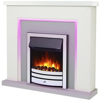 Endeavour Fires Bempton Chimenea Eléctrica Suite 42 | Realista Efecto Llama de Fuego, Chimenea Decorativa, Tecnología LED de Bajo Consumo(Parte Superior Blanca/Base Gris/Fireplace Cromo)