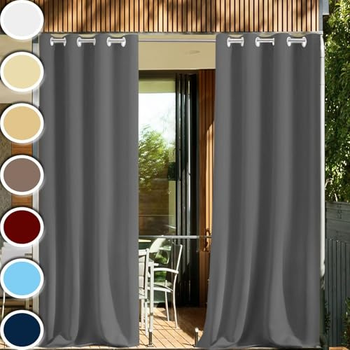 HUAXIQUE Wetterfeste Outdoor Vorhänge 170x190cm Mit Ösen Winterschutz Sonnenschutz Blickdicht wasserdichte Vorhang Aussenbereich Wetterfest für außen terrasse Balkon Outdoor Garten Aussen Dunkelgrau