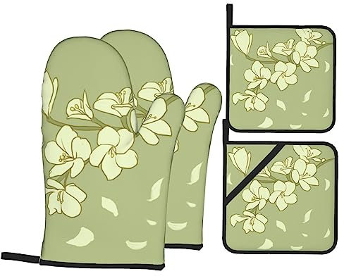 YYHHAOFA 4-teiliges Set mit Cartoon-Begonien-Muster, isolierter Ofenhandschuh und Topflappen, dick und langlebig